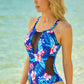 Floral Crisscross Spliced Mesh One-Piece Swimsuit
