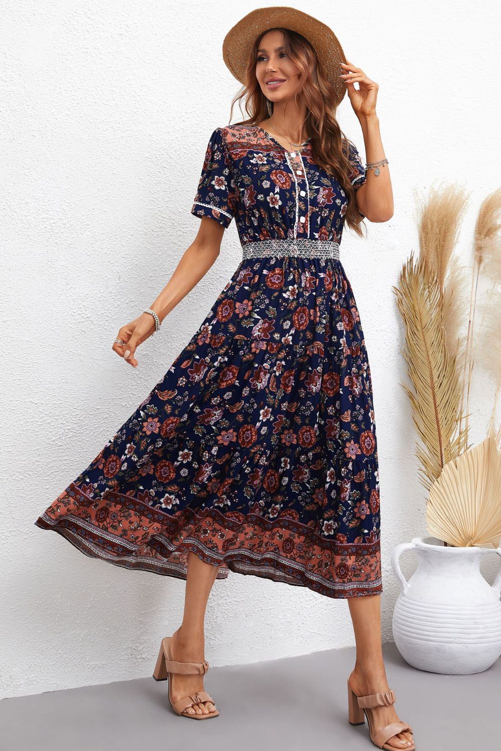 Bohemian Short Sleeve V-Neck Midi Dress